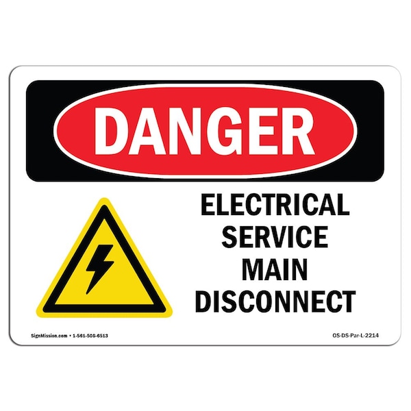 Safety Sign, OSHA Danger, 18" Height, Aluminum, Electrical Service Main Disconnect, Landscape